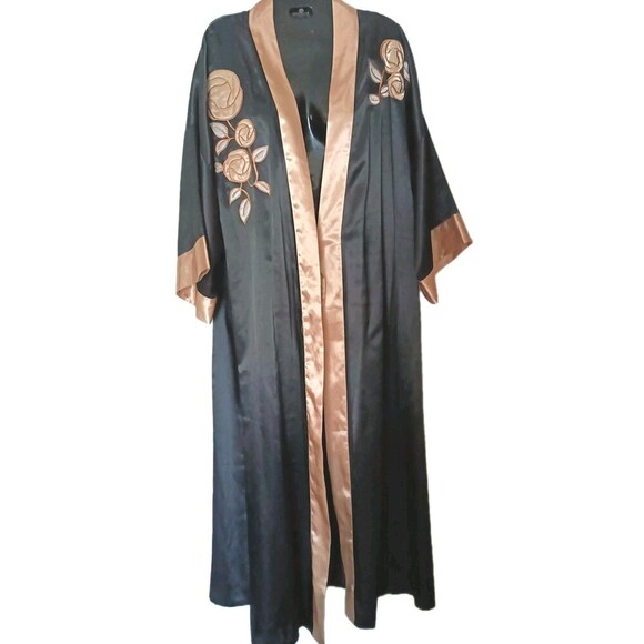 Serenada Satin Kimona Robe Plus Size 1X Black Gold Floral Embroidery Long Satin - Picture 1 of 7